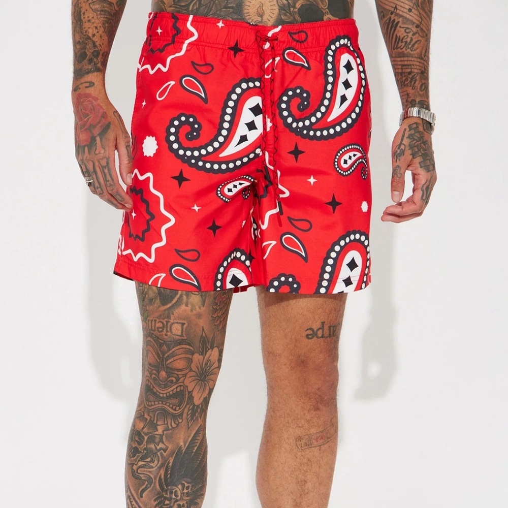 •Gettin Paisley With It• Red Graphic Swim Trunks